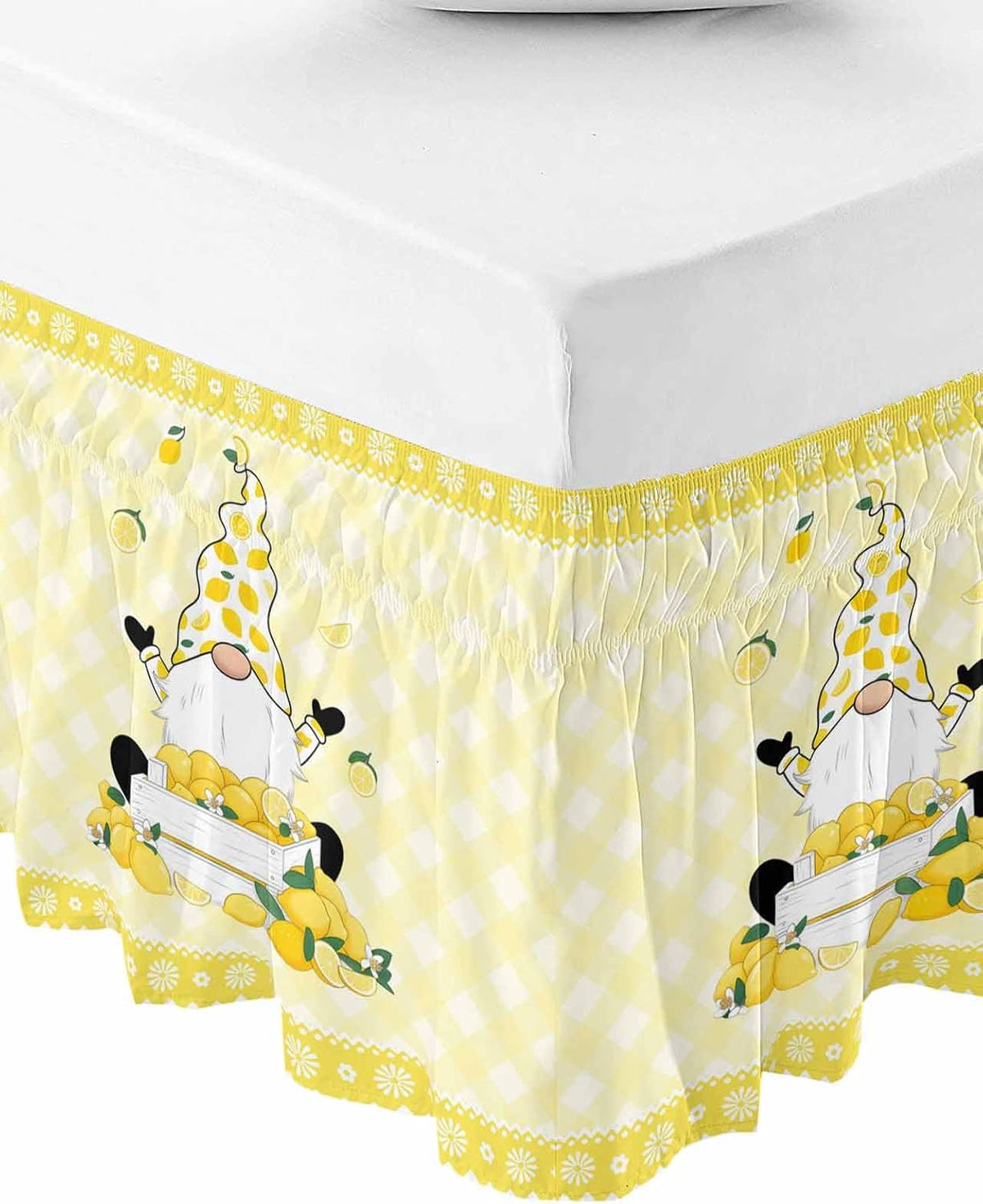 Lemon Gnomes Bed Skirt Queen Size 16 Inch Drop, Adjustable Elastic Wrap Around Bed Skirts Easy Fitting Dust Ruffle Bedskirt Bed Frame Cover Summer Botanical Fruit Leaf Yellow Lattices