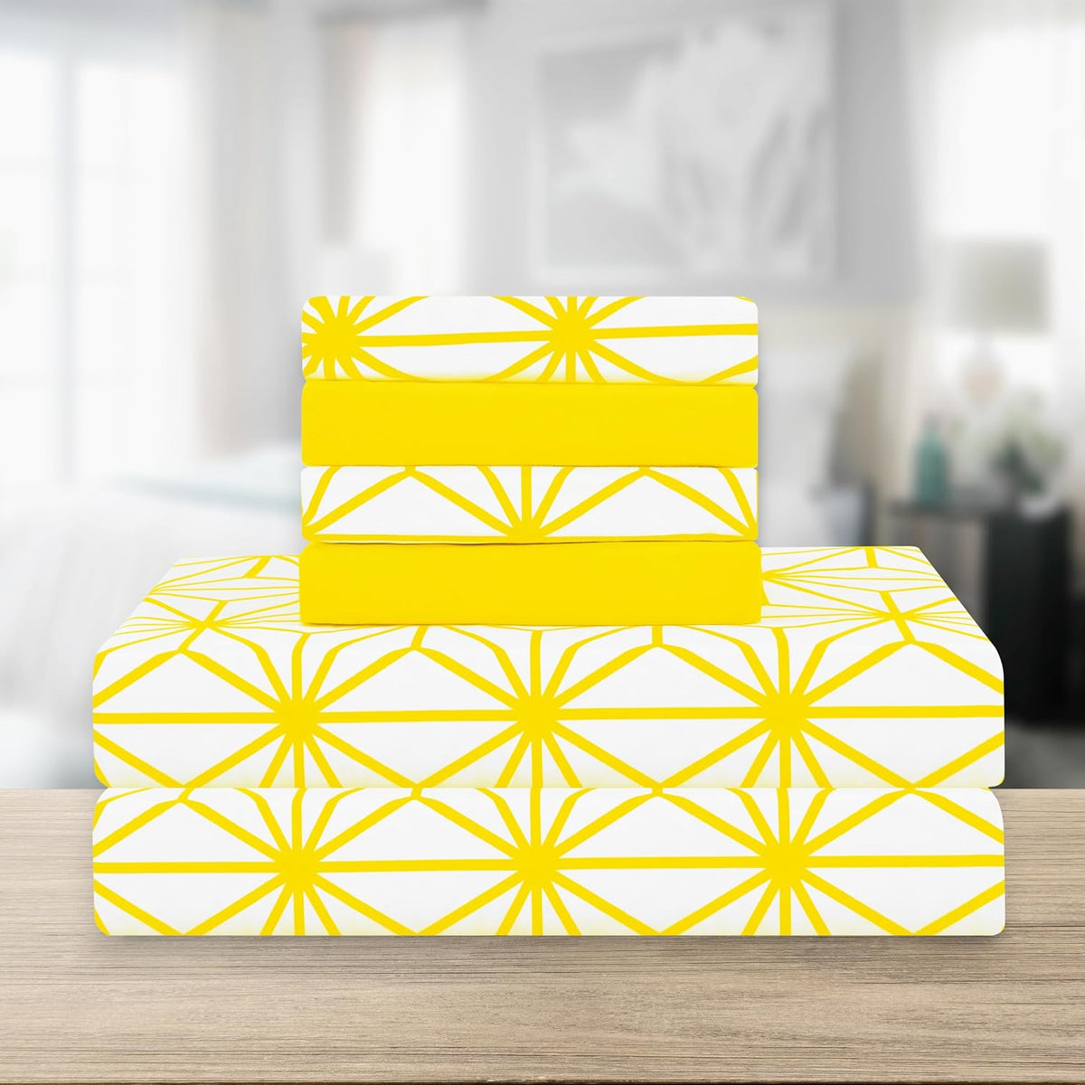 Luxury Soft 6-Piece Cube Geometric Pattern Sheet Set - 1500 Premium Quality Microfiber - Wrinkle and Fade Resistant Coziest Bedding Set, All Around Elastic Fitted Sheet, Queen, Yellow