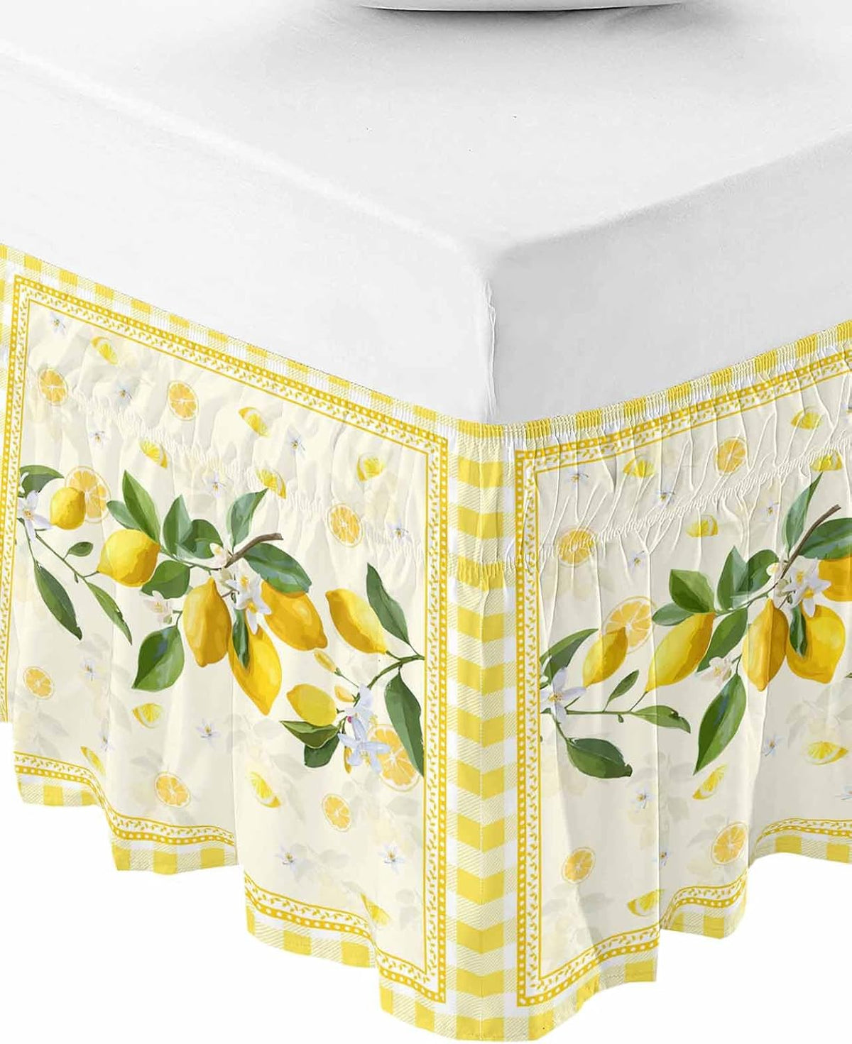 Yellow Lemons Bed Skirt Queen Size 16 Inch Drop, Adjustable Elastic Wrap Around Bed Skirts Easy Fitting Dust Ruffle Bedskirt Bed Frame Cover Summer Botanical Checkered Farmhouse