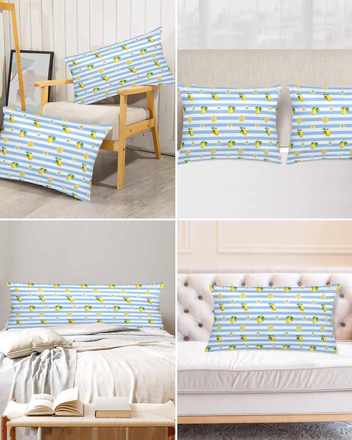 Summer Fruit Satin Pillowcase for Hair and Skin, Yellow Lemon Rustic Flower Plate Blue Stripes Silky Pillow Cases Standard Size with Zipper 1 Pack Soft Cooling Pillow Cover for Women Men, 20''x40''