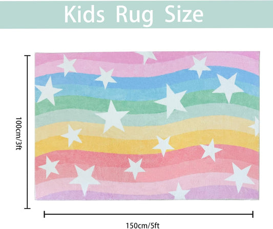 Kids Rug 3x5Ft Rainbow Stripes Stars Carpet for Boys Girls Bedroom