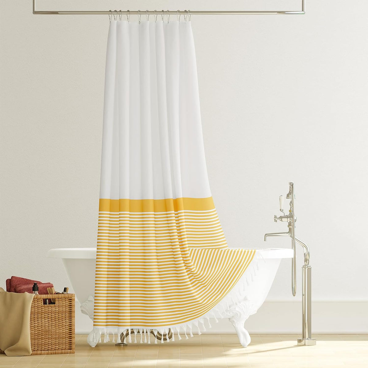 Stall Fabric Shower Curtain, 54x78 Modern Farmhouse Yellow and White Boho Striped Cloth Shower Curtain with Tassels, Hotel Luxury Bathroom Shower Curtain Set with 10 Hooks, Yellow, 54x78
