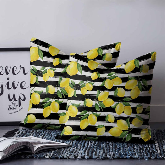 Yellow Lemon 2PCS Throw Pillow Covers for Couch Sofa Bed, Summer Fruit Black Striped Pillow Covers 18x18 inch, Standard Pillowcases Set Decorative Cushion Covers for Living Room Bedroom