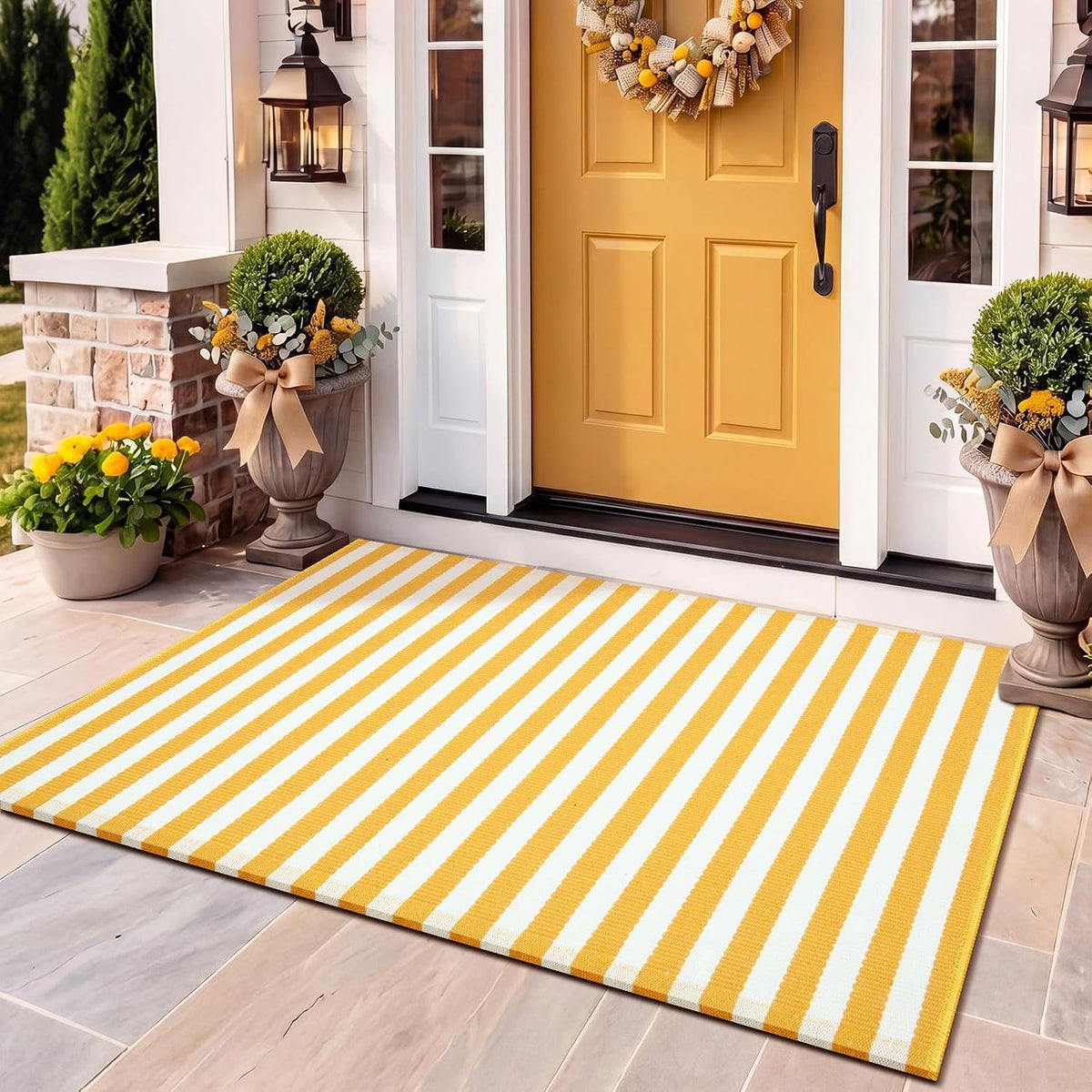 3' X 5' Yellow and White Fall Vertical Stripe Outdoor Rug