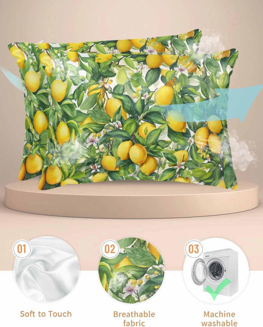 Satin Pillowcases Standard Size, Summer Lemon Silk Pillow Cases for Hair and Skin with Zipper 2 Pack, Watercolor Yellow Fruits Green Leaves Smooth Throw Pillow Covers for Sleeping, 20"x26"