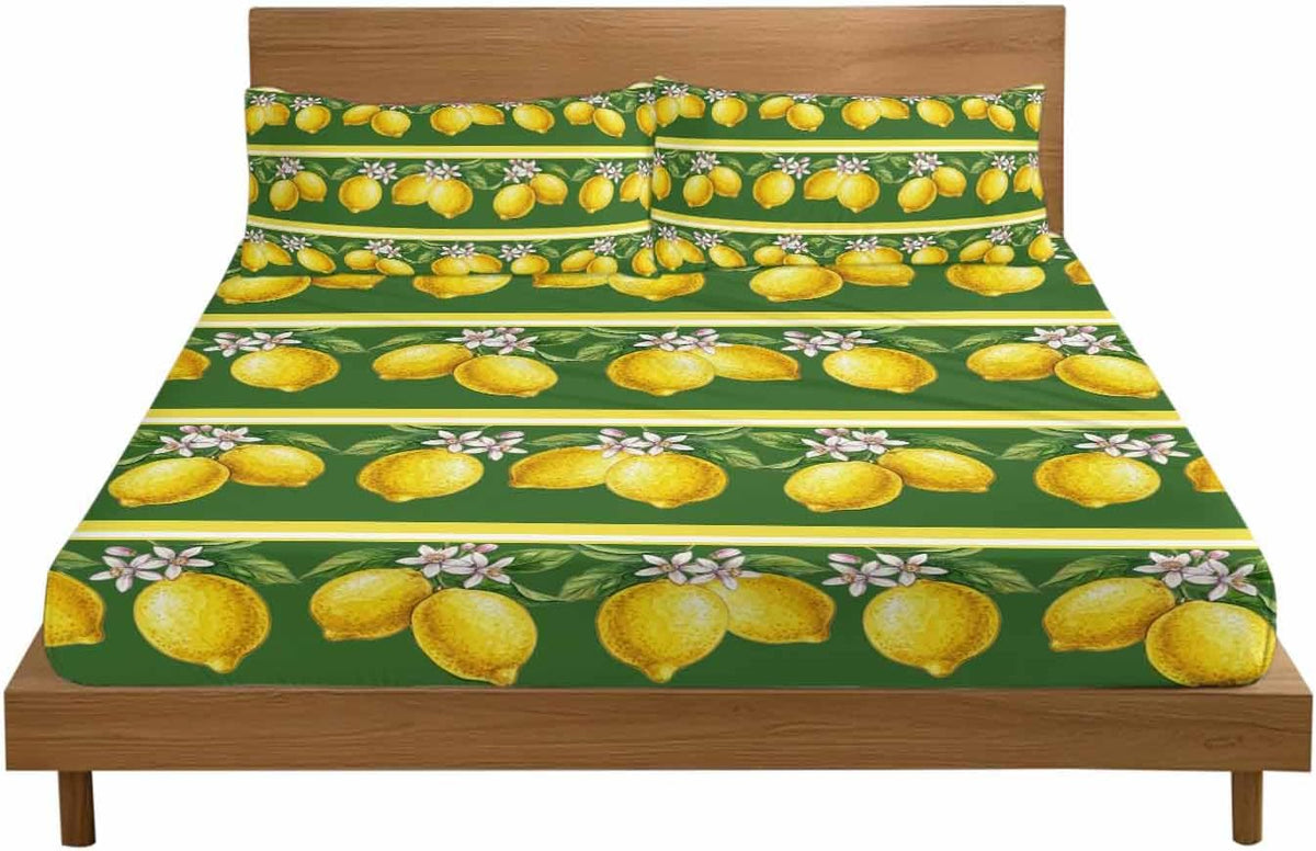 3 Pieces Twin Fitted Sheet Set, Summer Lemons Green Leaves Deep Pocket Up to 16", Yellow Striped Soft Elastic Bed Sheets and Pillow Cases Secure Fit