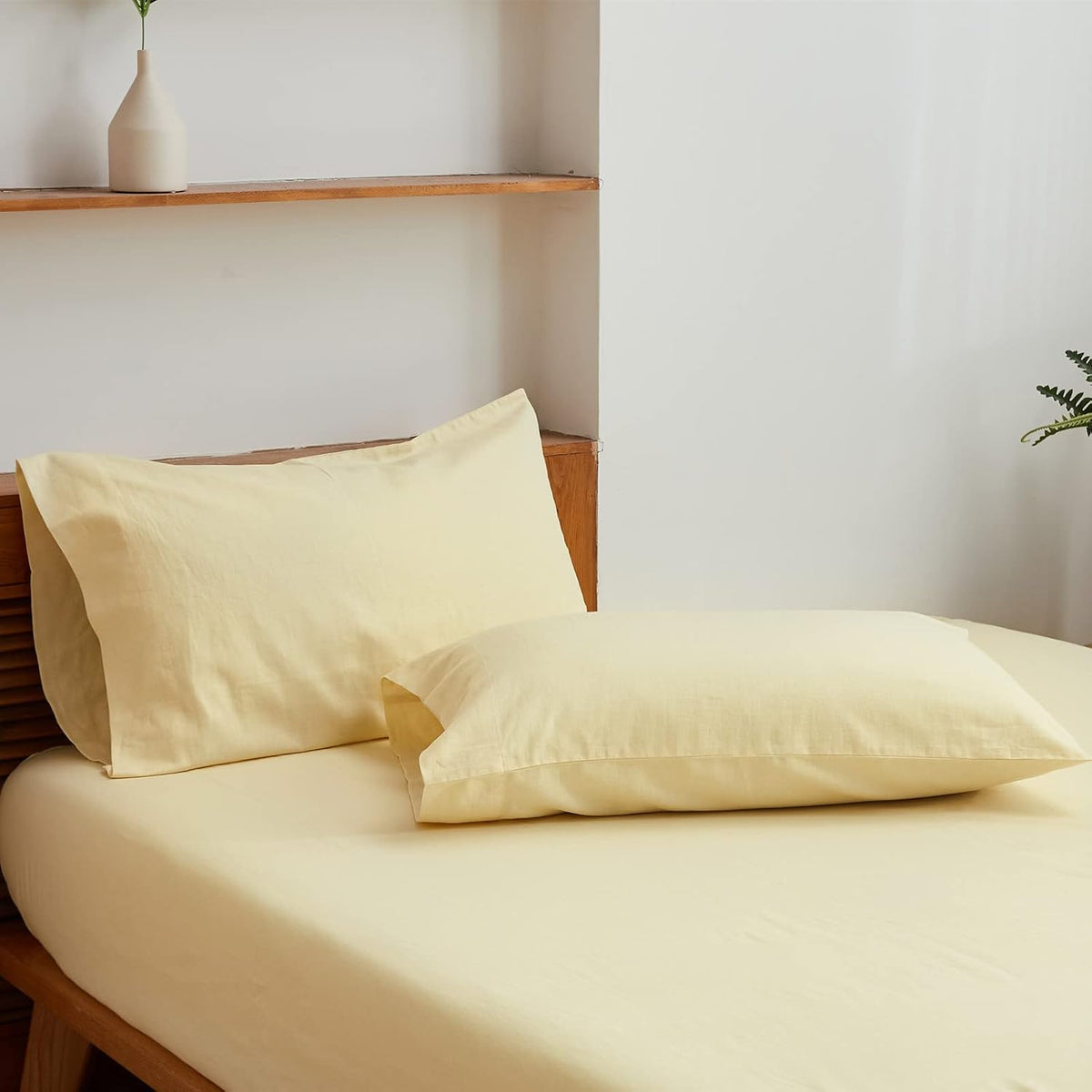 Belgian Linen Sheet Set Solid Color - 4 Pieces (1 Flat Sheet, 1 Fitted Sheet & 2 Pillowcases) Natural Flax Cotton Blend Soft Breathable Farmhouse Bedding - King Size, Pale Yellow
