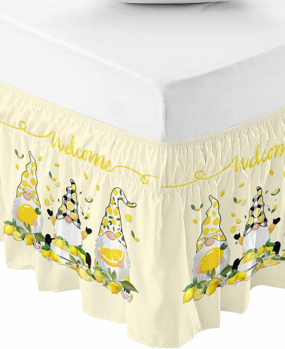 Lemon Gnomes Bed Skirt Queen Size 16 Inch Drop, Adjustable Elastic Wrap Around Bed Skirts Easy Fitting Dust Ruffle Bedskirt Bed Frame Cover Yellow Summer Botanical Fruit Leaves