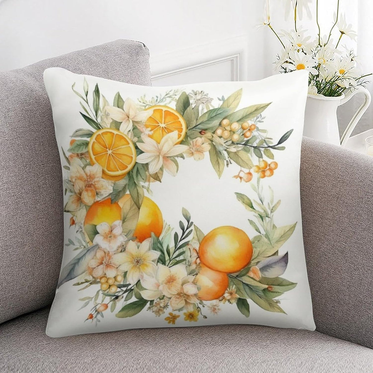 Satin Throw Pillow Covers Lemon Daisies Wreath Decorative Pillowcase Yellow Sweet Lemon Outdoor Pillow Cover Zippered for Farmhouse Decor Room Bedroom Sofa Chair Car 16"x16"