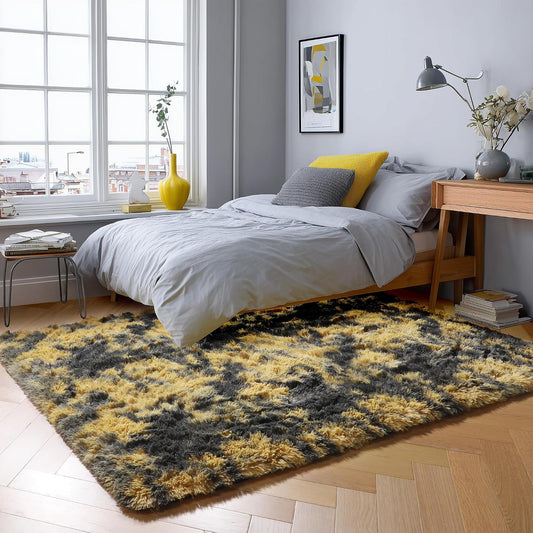 Black and Yellow Bedroom Rugs 4x6 Ft, Fluffy Modern Living Room Area Rug
