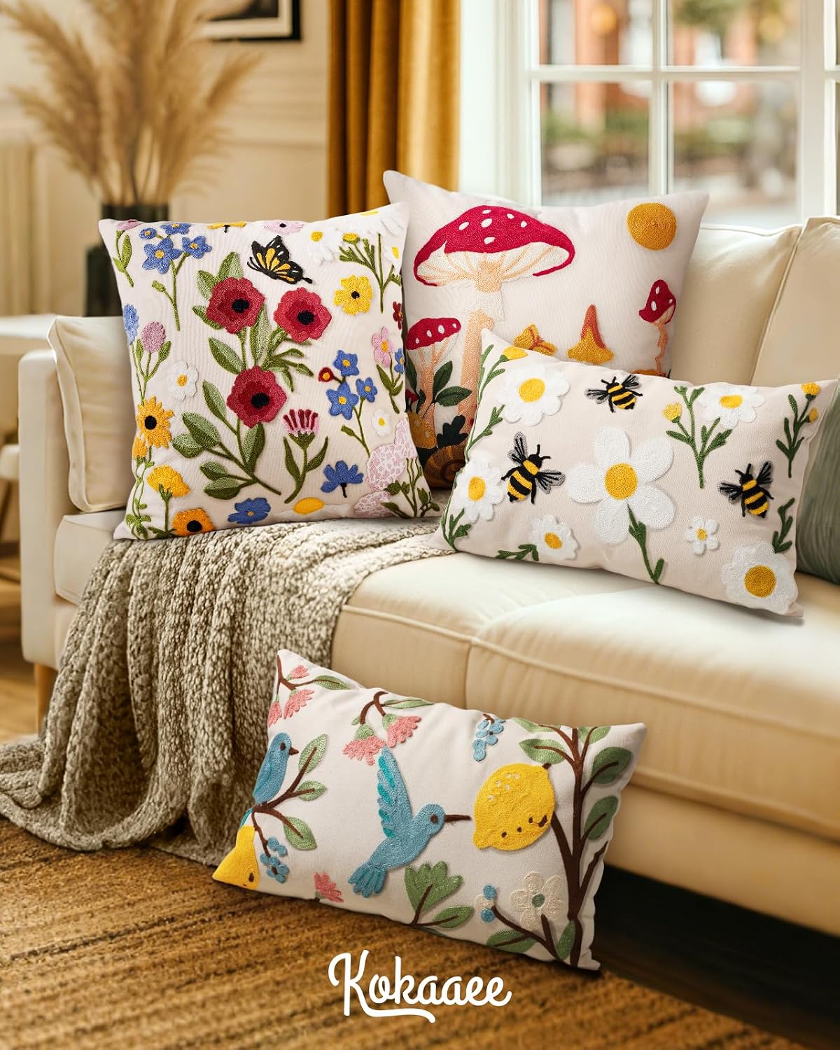 Embroidered Lumbar Pillow Cover 20x12 Inch, Bird Lemon