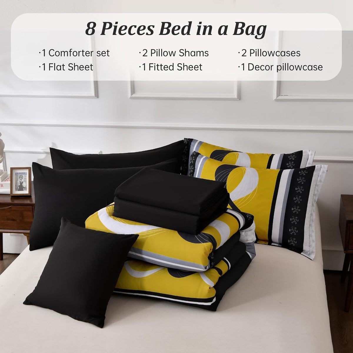Black Yellow Comforter Set Queen Size,8 Pieces Bed in a Bag