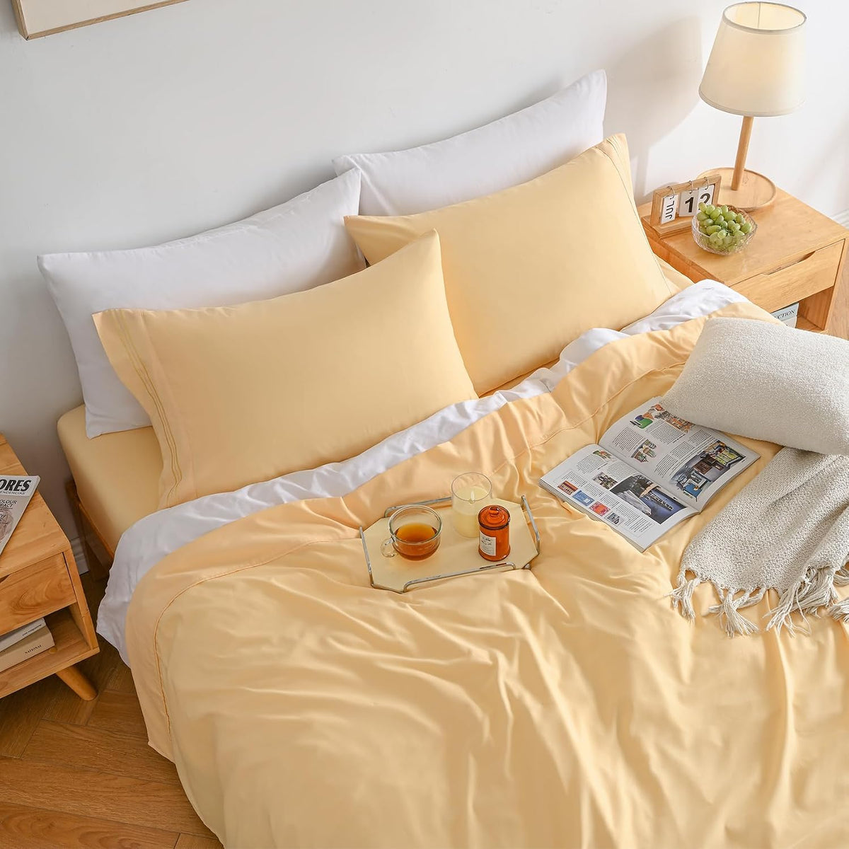 Full Size Bed Sheets Set, Yellow Cooling Hypoallergenic Microfiber Double Bed Sheets, Soft Oeko-Tex Extra Deep Pocket Sheets & Pillowcases Wrinkle Free Bedsheets
