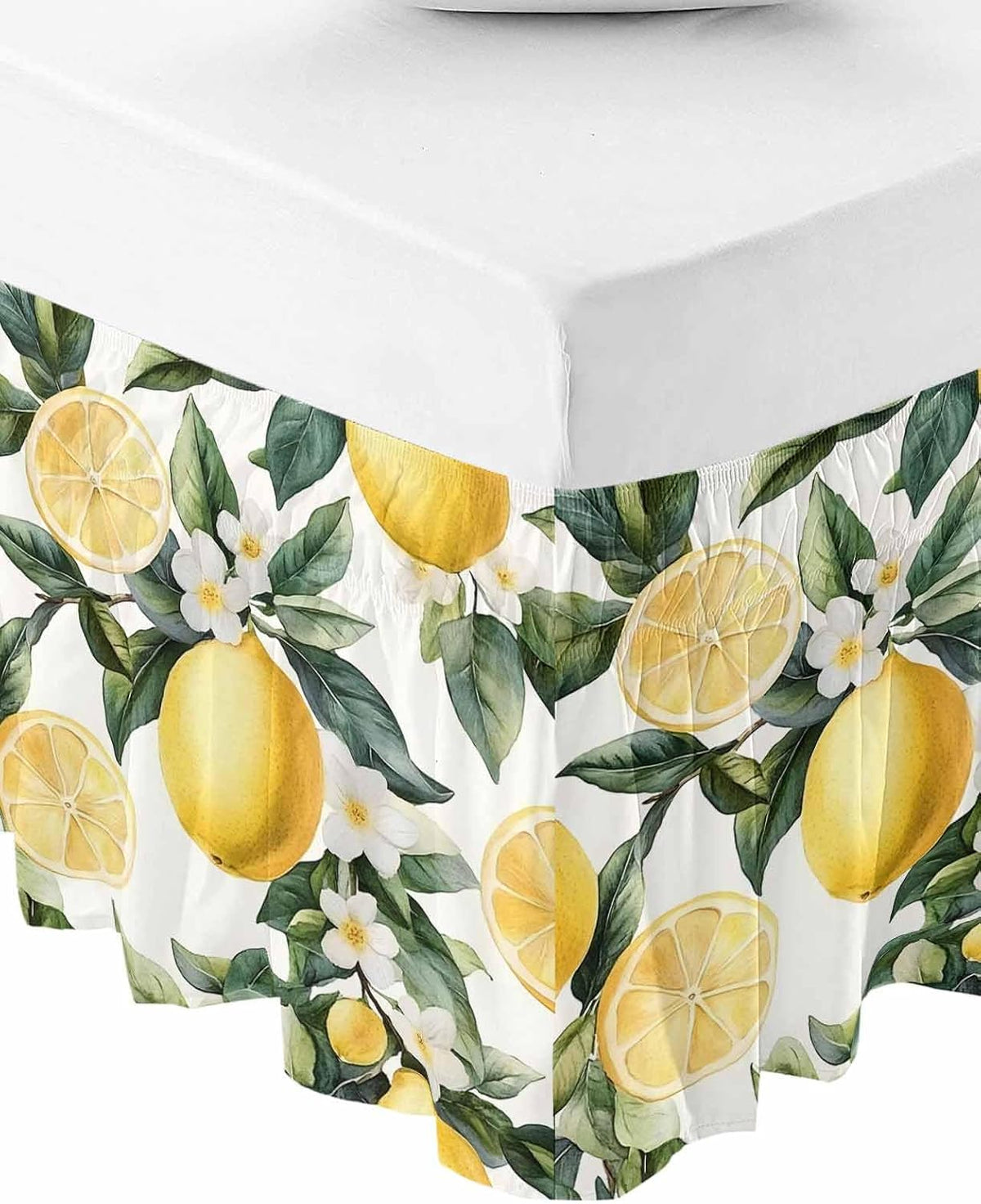 Yellow Lemon Bed Skirt Queen Size 16 Inch Drop, Adjustable Elastic Wrap Around Bed Skirts Easy Fitting Dust Ruffle Bedskirt Bed Frame Cover Country Fruit Floral Watercolor Green White