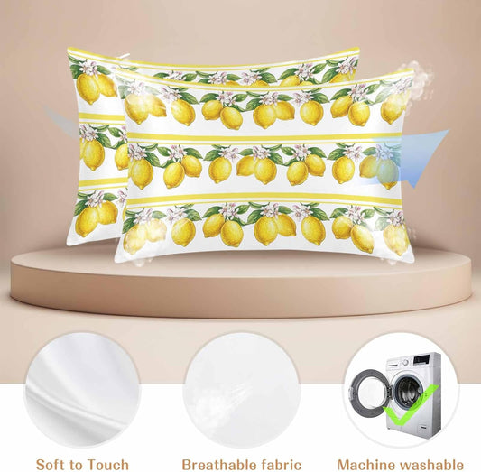 Lemon Summer Pillow Cases Standard Size Set of 2, Watercolor Fruits Yellow Stripes Satin Pillowcase with Zipper for Hair/Skin, Decorative Pillow Covers for Bed/Couch/Sofa, 20x26 Inches