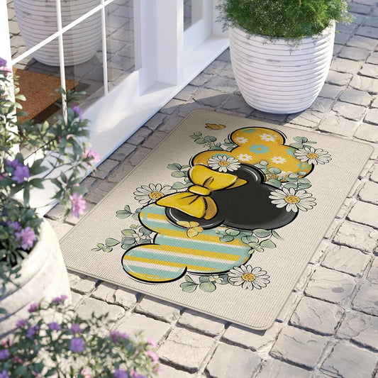 Spring Summer Decorative Front Door Mat, Daisy Flower Eucalyptus
