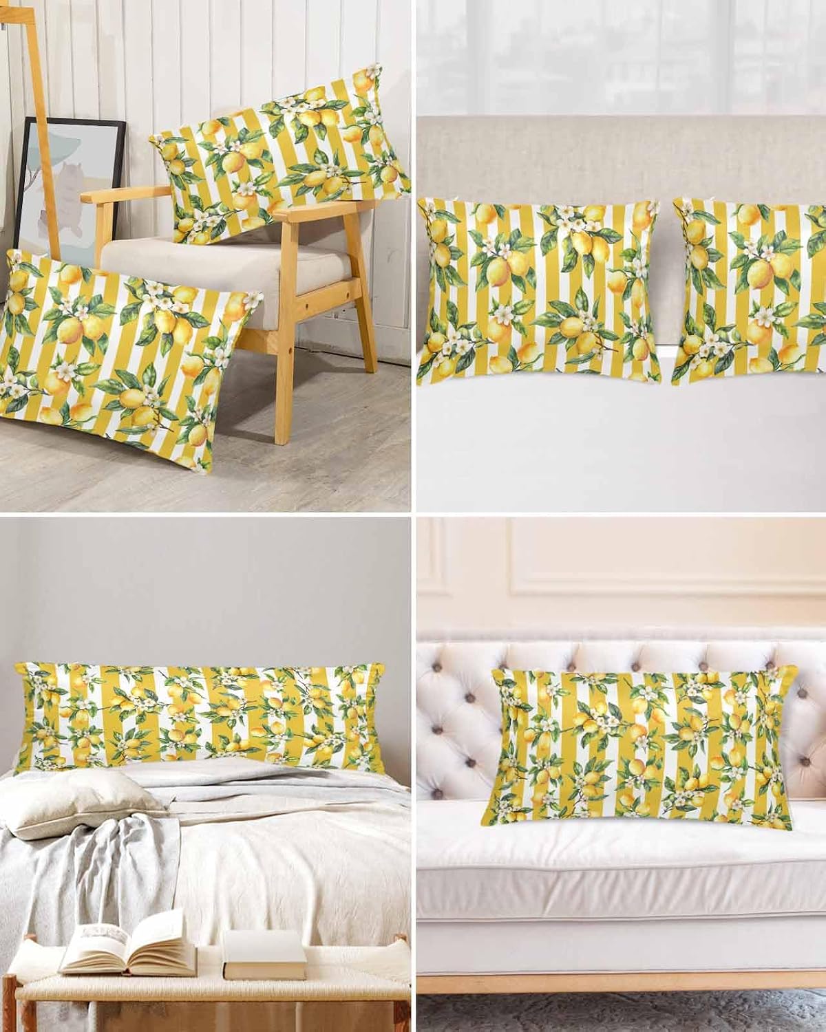 Lemon Standard Pillowcase Set of 2, Summer Yellow Stripes Satin Pillow Case with Smooth Hidden Zipper Closure, Soft Throw Covers for Couch Sofa Home Decoration 20 X 26 Inches