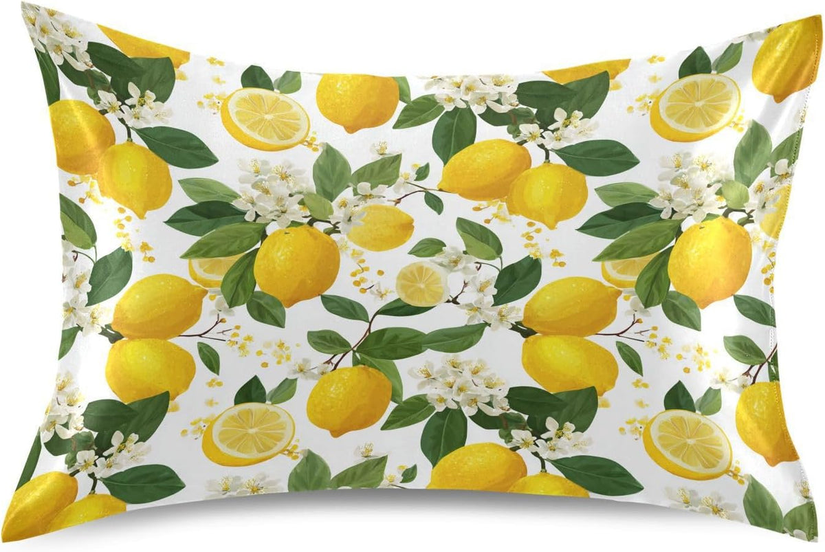 Satin Pillowcase 1 Pack Pillow Case with Envelope Closure King Size Pillow Cover 40 x 20 Inch Soft Breathable Yellow Lemon Flowers