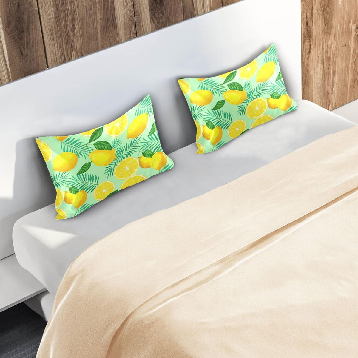 Yellow Lemon and Green Leaves Satin Pillow Cases, Soft Cozy Wrinkle Free Pillow Covers, Machine Washable Pillowcase Covers with Envelope Closure Standard Size 20” x 26”