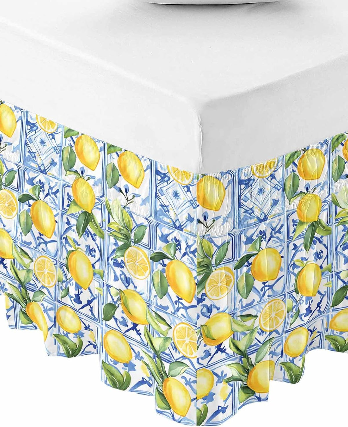 Yellow Lemon Bed Skirt Queen Size 16 Inch Drop, Adjustable Elastic Wrap Around Bed Skirts Easy Fitting Dust Ruffle Bedskirt Bed Frame Cover Botanical Spring Leaves Abstract Blue Tile
