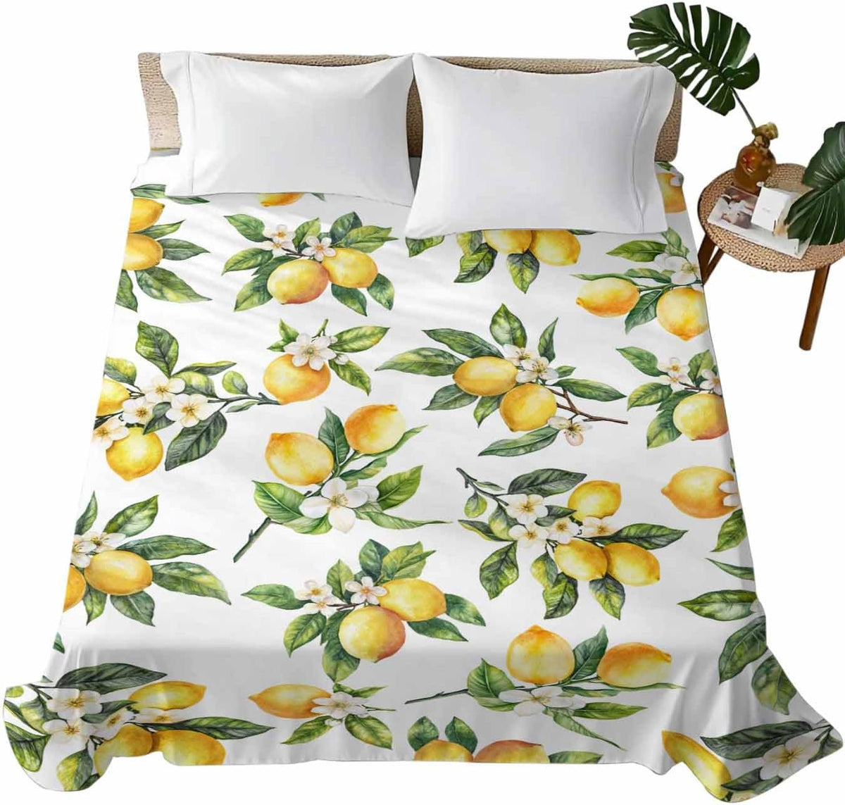 Twin Flat Sheet Only,Yellow Lemon Summer Green Leaves Top Sheet Breathable Soft Brushed Polyester Microfiber Bed Sheets,Blossom Floral Seamless Hotel Luxury Bedding Sheets for Women,Men,Teens