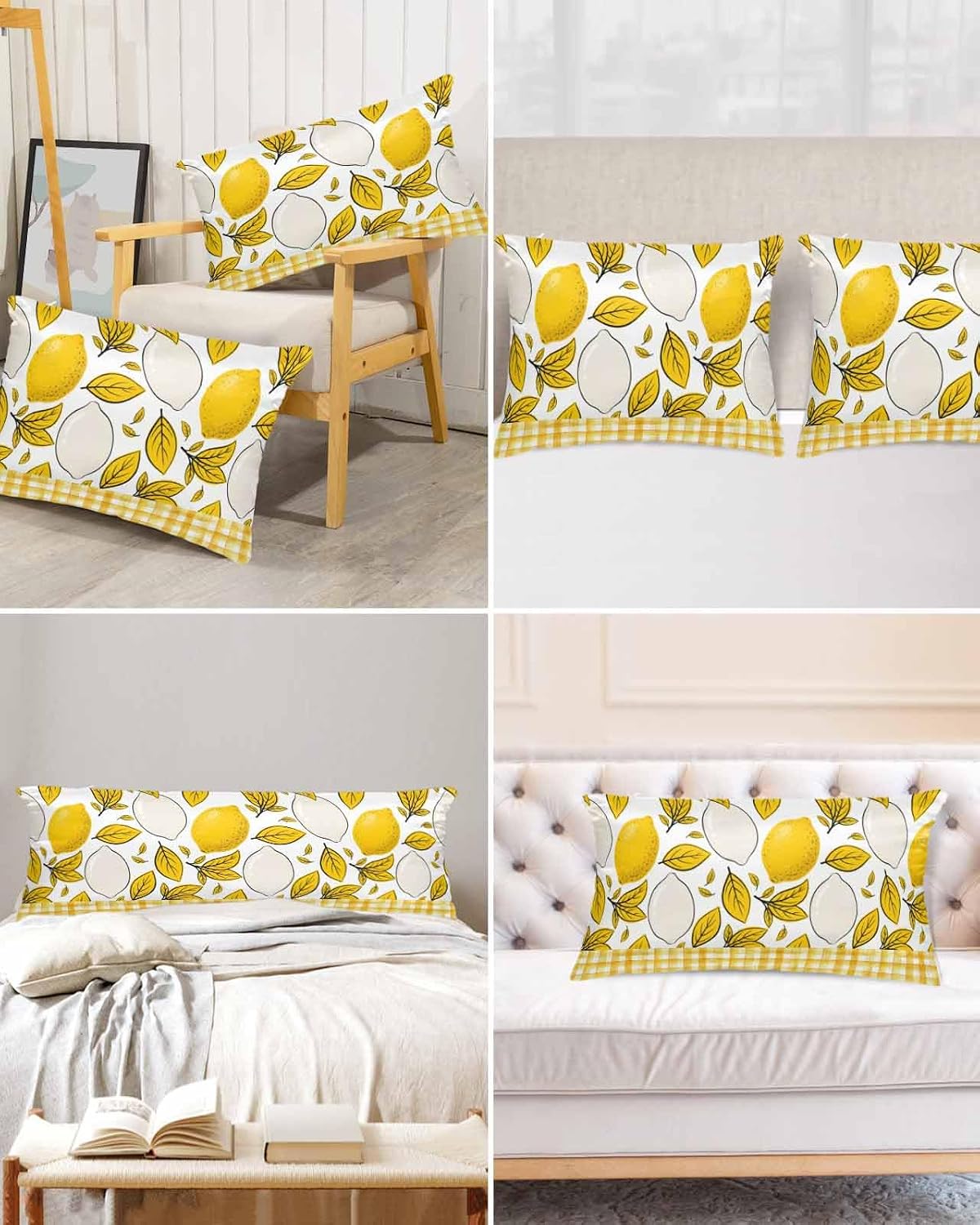 Summer Botanical Satin Pillowcase for Hair and Skin, Lemons Abstract Fruit Silhouette Yellow Stripes Silky Pillow Cases Standard Size with Zipper 1 Pack Cooling Pillow Cover for Women Men, 20''x40''