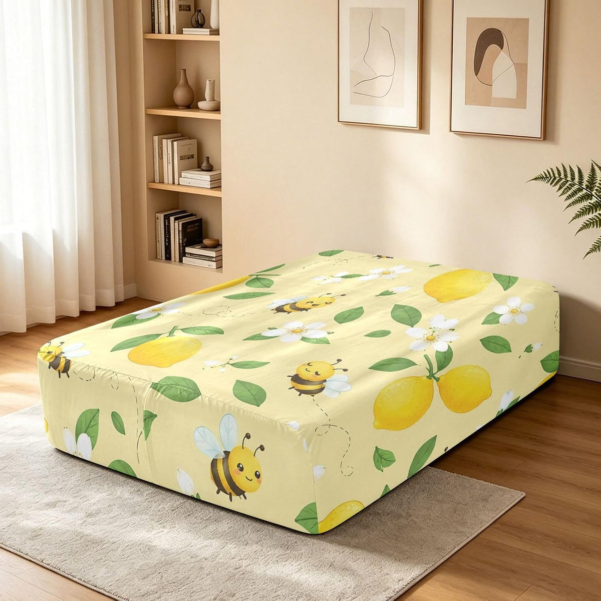 Lemon Bee Yellow Floral Air Mattress Sheet for 12-22 Inch Air Bed Soft Breathable Fitted Sheet with 24 Inch Deep Pocket & Zipper Opening, Twin