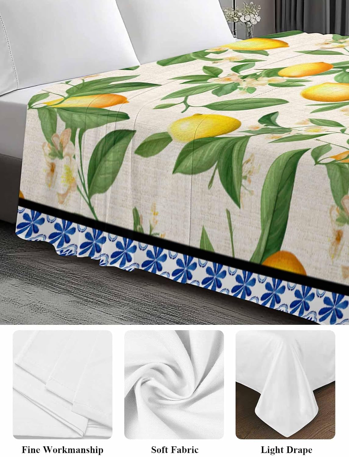 Flat Sheet, 1 Piece Top Sheet Twin Size Yellow Lemon Leaves Soft Breathable Bed Sheet Floral Blue Brushed Microfiber Bed Sheet, Wrinkle Resistant, Fade Resistant Bedding