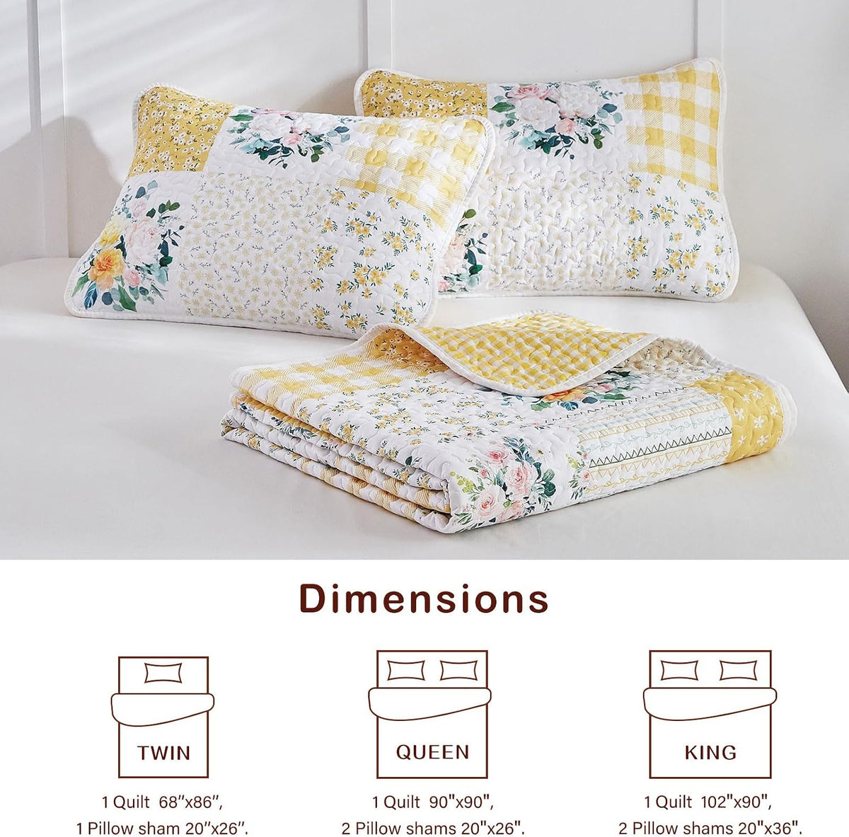 2 Pieces Floral Patchwork Quilt Set Twin, Yellow n White Flowers Design, Soft n Cozy Microfiber Quilt, Bedspread Bed Cover for All Season, 1 Quilt and 1 Pillow Sham- 68x86 inches