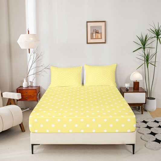 Lemon Yellow Polka Dot Bed Sheet Set Full Size Cute Polka Dot Bedding Sheets Simple Fashion Bedding Fitted Sheet Kawaii Style Bed Cover,1 Fitted Sheet+2 Pillow Sham(No Flat Sheet)