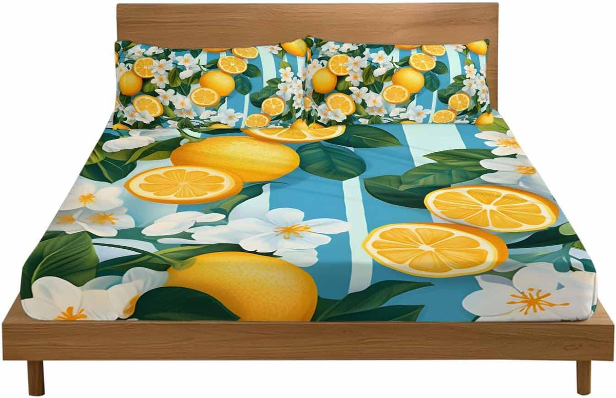 Twin XL Fitted Sheet and Pillowcase Set, Yellow Lemon Soft Bed Fitted Sheets - Deep Pocket Fits Mattress Up to 16", Summer Fruit Floral Blue Stripe Watercolor Bedding Set with 1 Pillow Cover