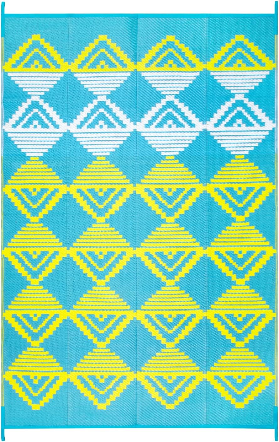 Waterproof Outdoor Rug 6x9 for Camping, Balcony & RV, Reversible Plastic Straw Outdoor Mat Blue Yellow