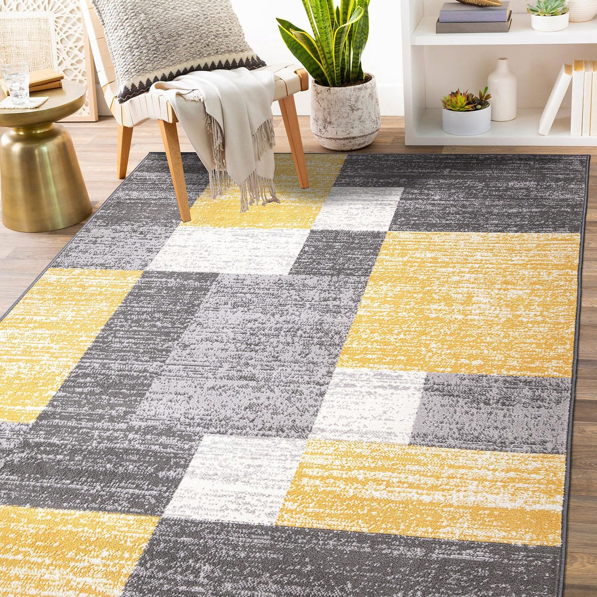 Geometric Boxes Oslo Modern Non-Shedding Area Rug Yellow 5' x 7'
