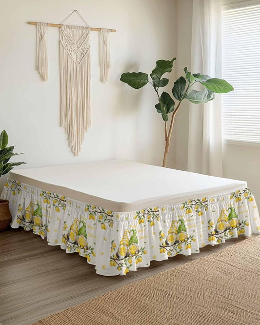 Farmhouse Bed Skirt Queen Size 16" Drop Summer Yellow Green Lemon Gnomes Branches Linen Ruffled Wrap Around Bed Skirts Adjustable Elastic Bedskirt Dust Ruffle for Queen King California King Bed