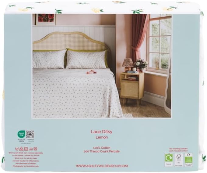Lace Ditsy Floral Full Sheet Set, 200 Thread Count Cotton Percale, Lemon Yellow and Green