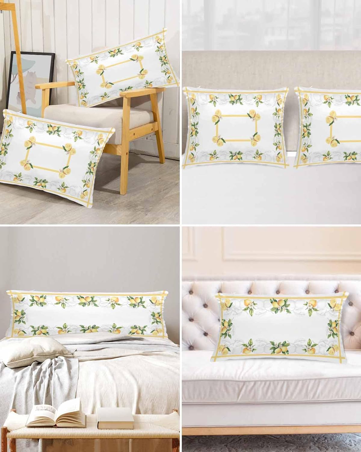 Rustic Lemon Satin Pillowcase for Hair and Skin 20" x 26" Lemon Leaves and Flowers Satin Pillow Cases with Invisible Zipper Yellow Stripe Smooth Cooling Wrinkle-Free Pillow Covers for Bedroom 2 Pcs