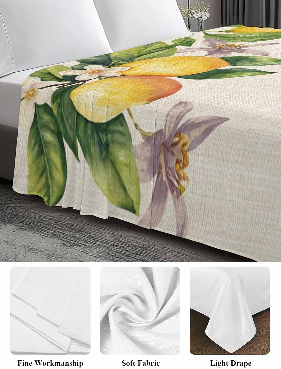 Flat Sheet, 1 Piece Top Sheet Twin Size Yellow Lemon Floral Soft Breathable Bed Sheet Watercolor Butterfly Purple Flower Retro Brushed Microfiber Bed Sheet, Wrinkle Resistant, Fade Resistant Bedding