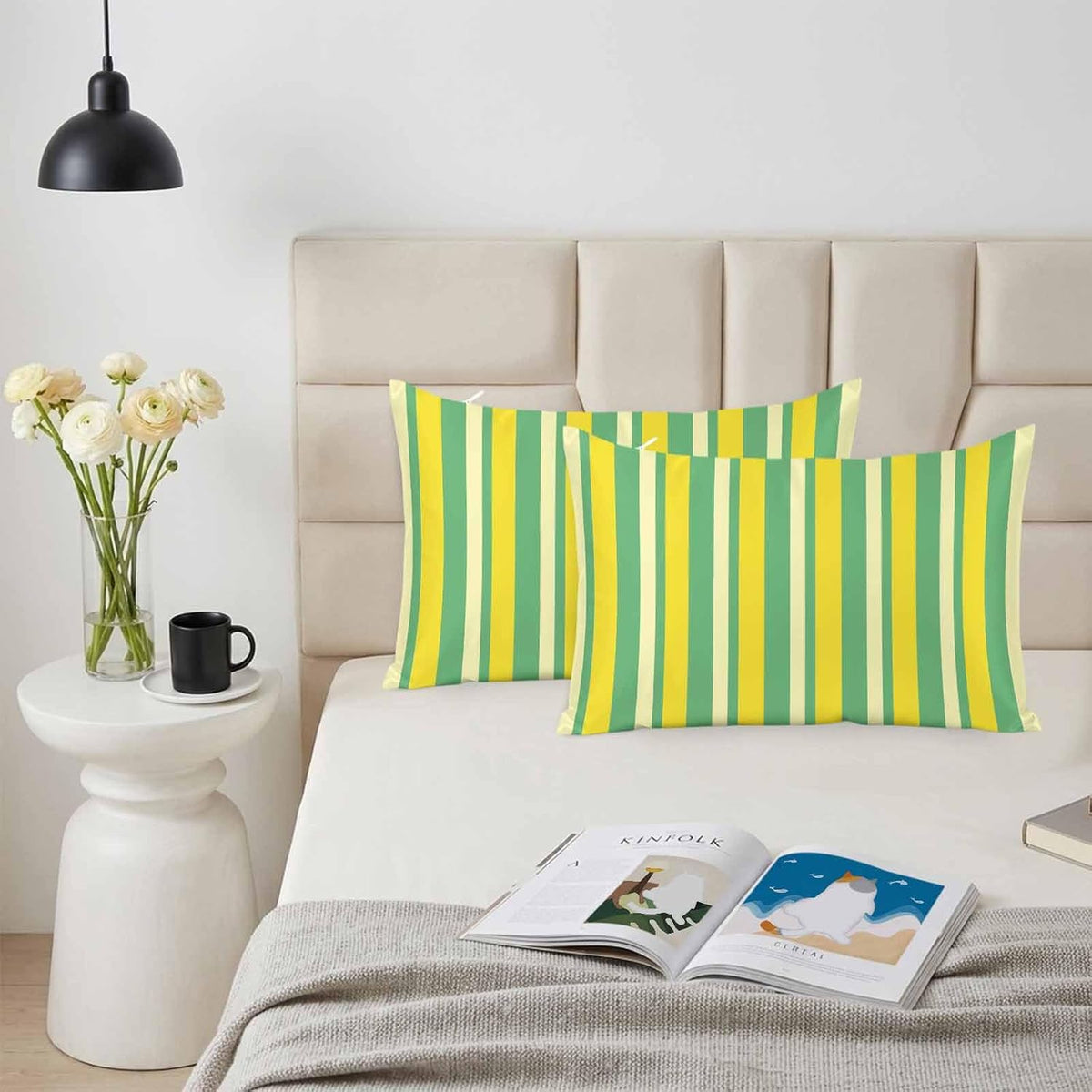 Lemon Green Yellow Pillow Cases Standard Size Set of 2, Summer Modern Farmhouse Striped Satin Pillowcase with Zipper for Hair/Skin, Decorative Pillow Covers for Bed/Couch/Sofa, 20x26 Inches