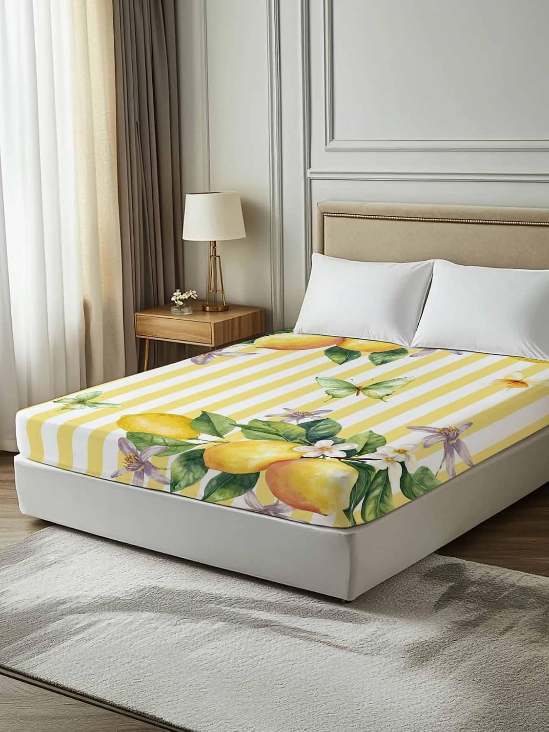 Flat Sheet Only Bedding Top Sheet Twin Lemon Fruits Floral Leaves Soft Microfiber Breathable Bed Sheets, Yellow Stripes Flat Sheets for Bedroom Sofa Men/Women