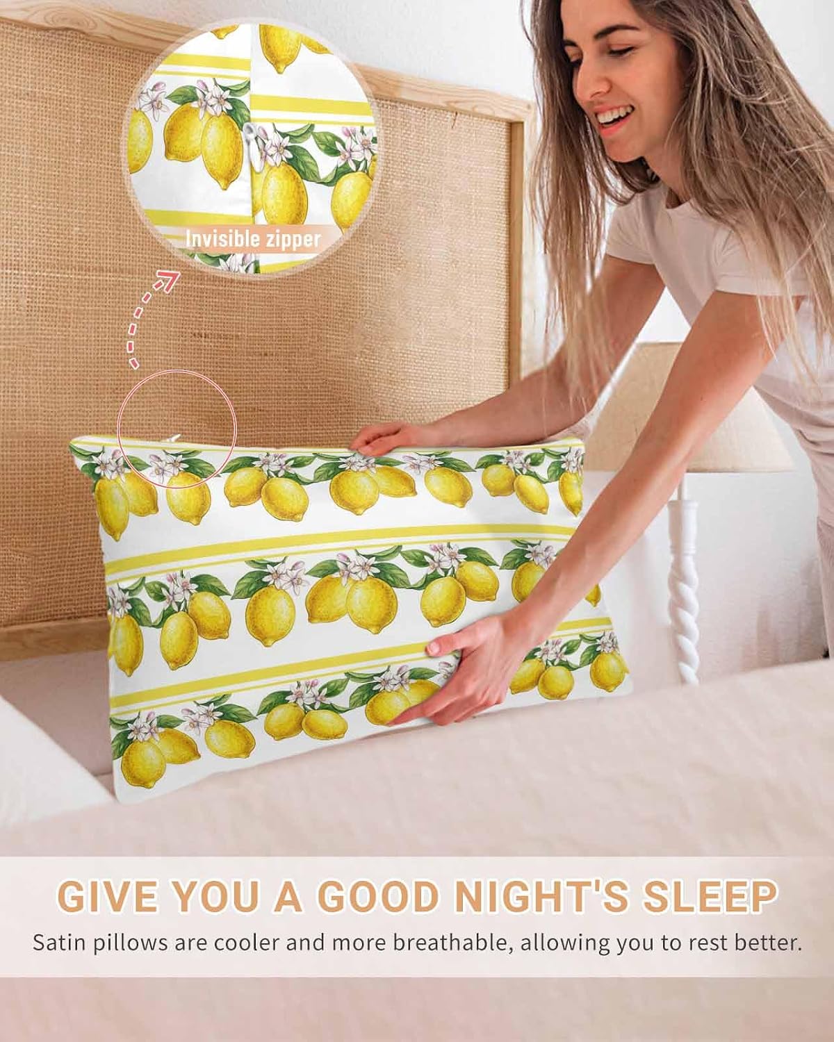 Satin Pillowcase for Hair and Skin Summer Lemons Vintage Pillow Cases 2 Pack with Zipper, Super Soft Cooling Similar to Silk Pillow Covers, 20x26 Inch Yellow Fruit Leaf Striped White Background