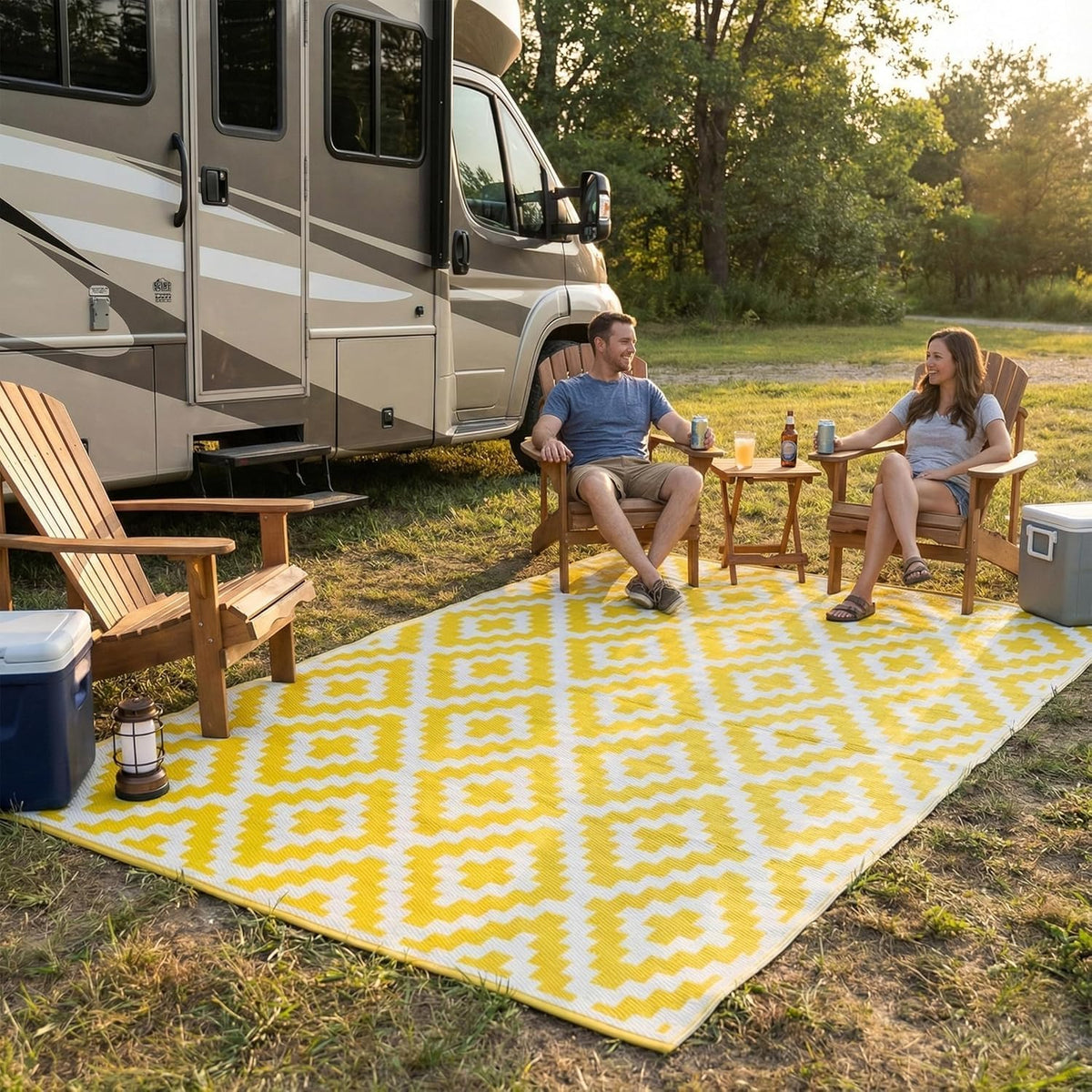 Outdoor Camping Rug - Waterproof, Fade Resistant, Reversible - Premium Recycled Plastic - Geometric - Picnic, Patio, Deck, Sunroom, RV - Aztec - Yellow & White - 4 x 6 ft Foldable