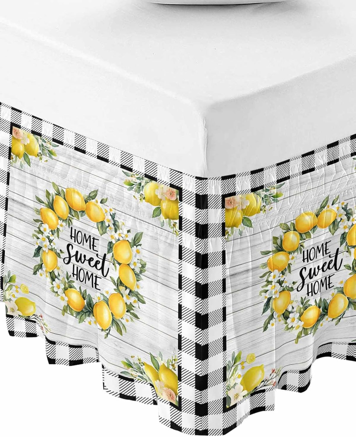 Yellow Lemon Bed Skirt Queen Size 16 Inch Drop, Adjustable Elastic Wrap Around Bed Skirts Easy Fitting Dust Ruffle Bedskirt Bed Frame Cover Farmhouse Black Buffalo Plaid Grey Wooden