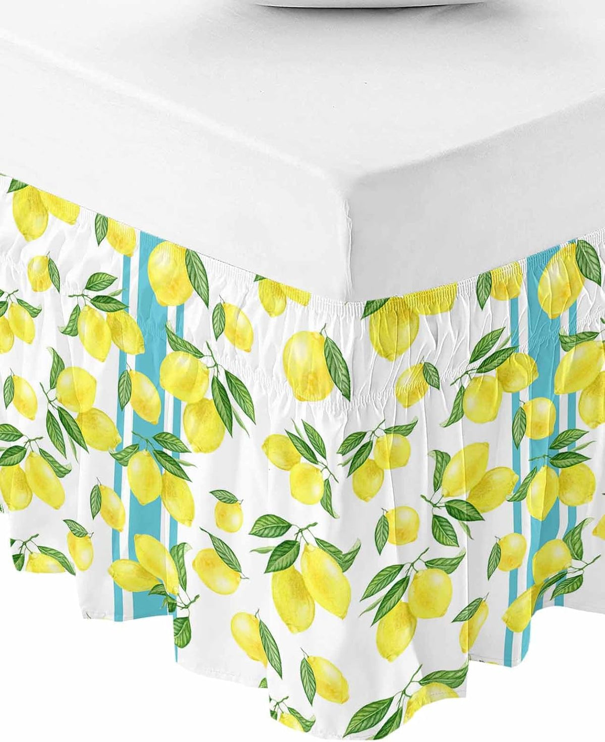 Yellow Lemons Bed Skirt Queen Size 16 Inch Drop, Adjustable Elastic Wrap Around Bed Skirts Easy Fitting Dust Ruffle Bedskirt Bed Frame Cover Summer Botanical Watercolor