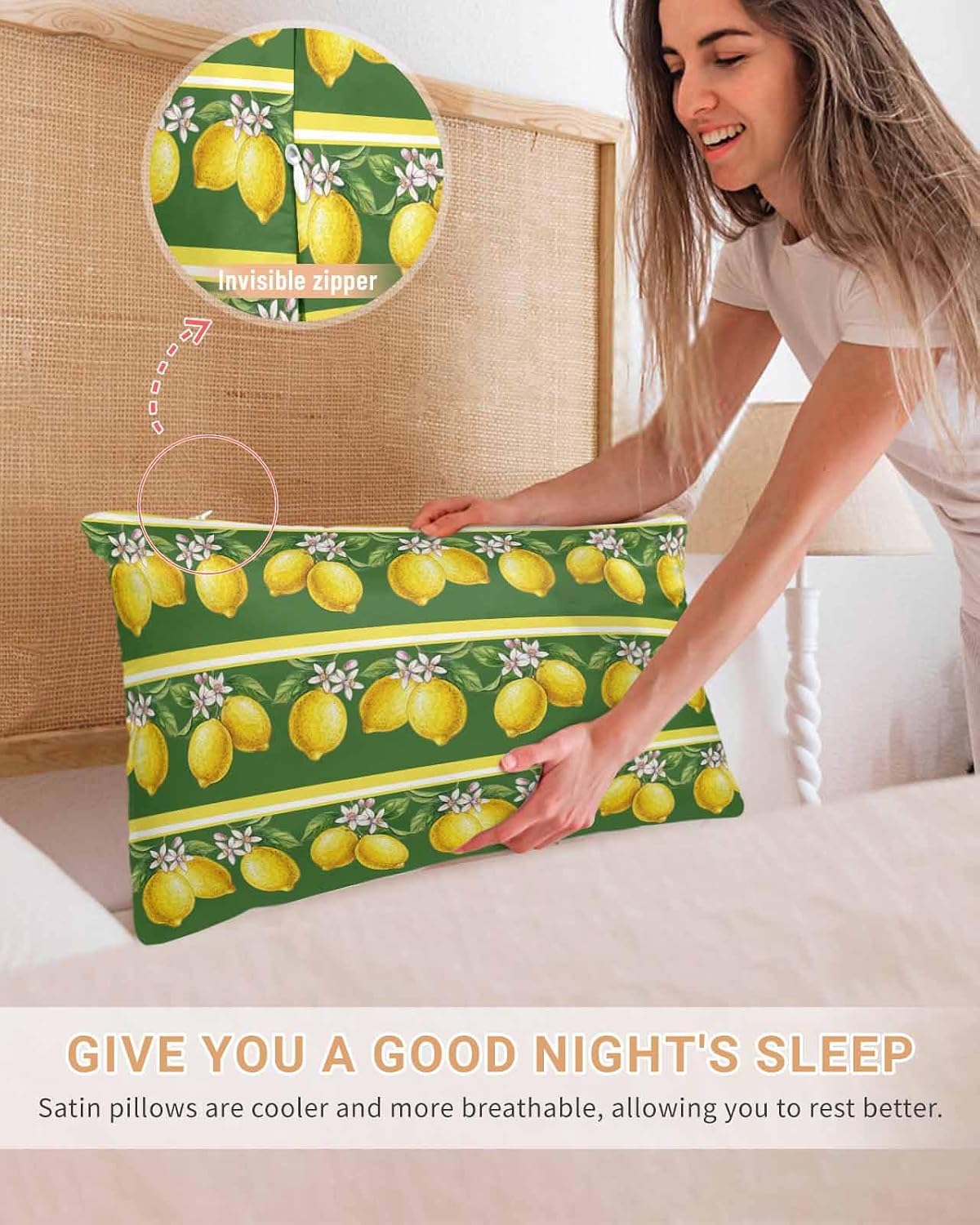 Lemon Summer 2 Packs Bed Pillow Covers Standard Decorative, Throw Pillow Cases Breathable Bedding Pillowcase, Soft Stain Pillows Shams Zipper Closure Watercolor Fruits Green Yellow Stripes 20"x26"