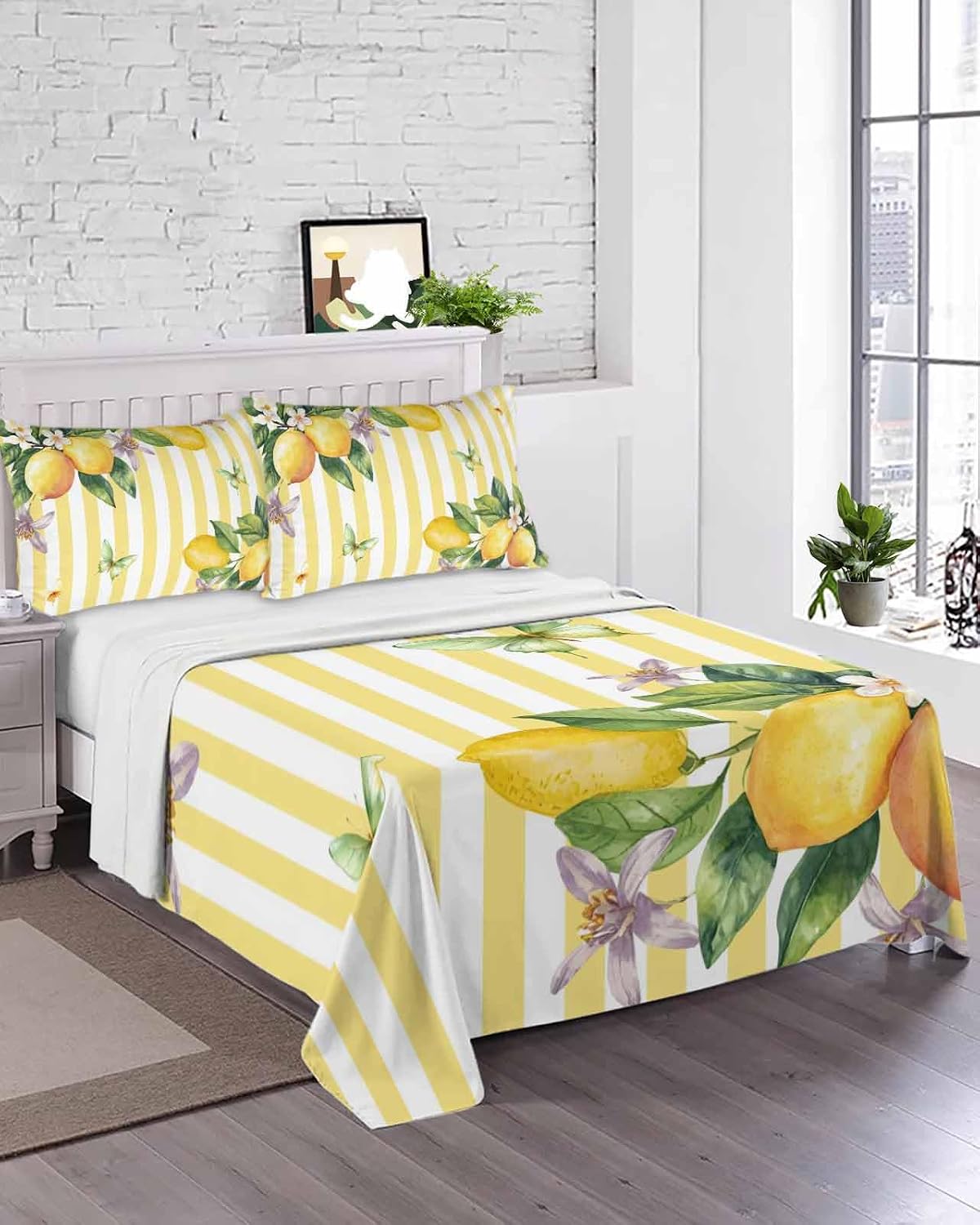 Queen Size Top Sheet Only, Farm Purple White Floral Lemon Flat Sheet Microfiber Breathable Soft Bed Sheets, Butterfly on Yellow Stripe Hotel Bedding Flat Sheets for Bedroom