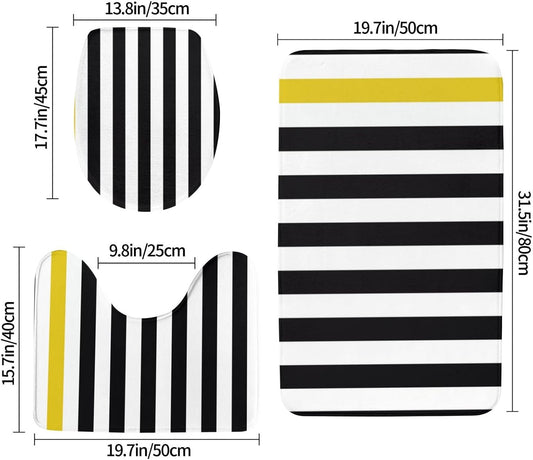 3 Pieces Bath Rug Set, Black White & Yellow Stripe Bathroom Mat Set Non Slip & Absorbent Bath Carpet, U Shaped Contour Rug & Toilet Lid Cover