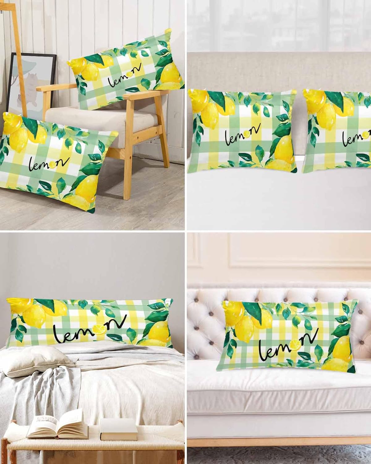 Summer Lemon Pillow Cases Standard Size Set of 2, Satin Pillowcase for Hair and Skin, Botanical Fruit Leaves Yellow Green Striped Throw Pillow Covers Cooling Pillow Protector with Zipper 20"x26"x2
