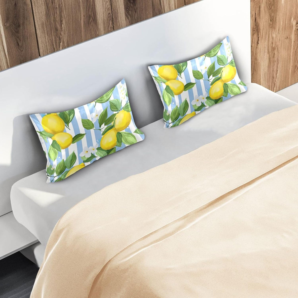 Yellow Lemon Stripe Satin Pillowcase for Hair and Skin Body Body Pillow Cases Standard Size 20"X26" Super Soft Pillow Case with Envelope Closure for Sleeping