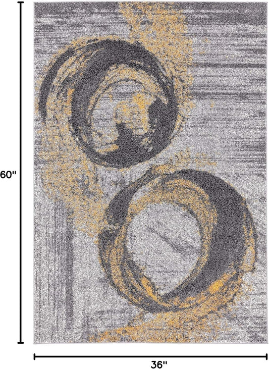 Yellow & Grey Bold Splatter Ring Contemporary 3' X 5' Area Rug - Laguna Collection Modern Style Accent Rug Rugs