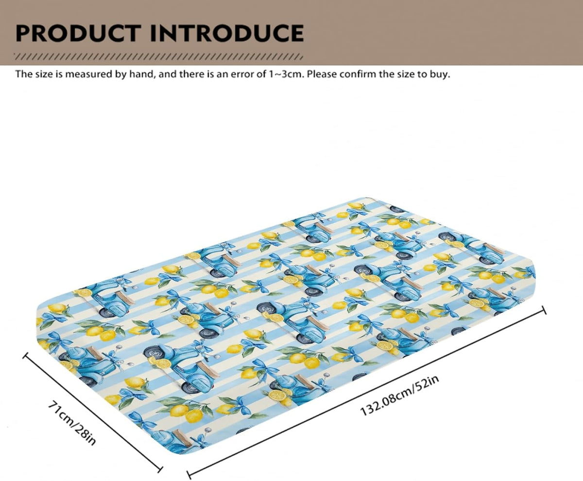 Cute Motorbike Lemon Bows Blue Stripes Baby Crib Sheets for Boy Girl 28"x52" Summer Scooters Yellow Lemons Fitted Crib Mattress Cover for Standard Crib and Toddler Italian Coastal Bed Sheet